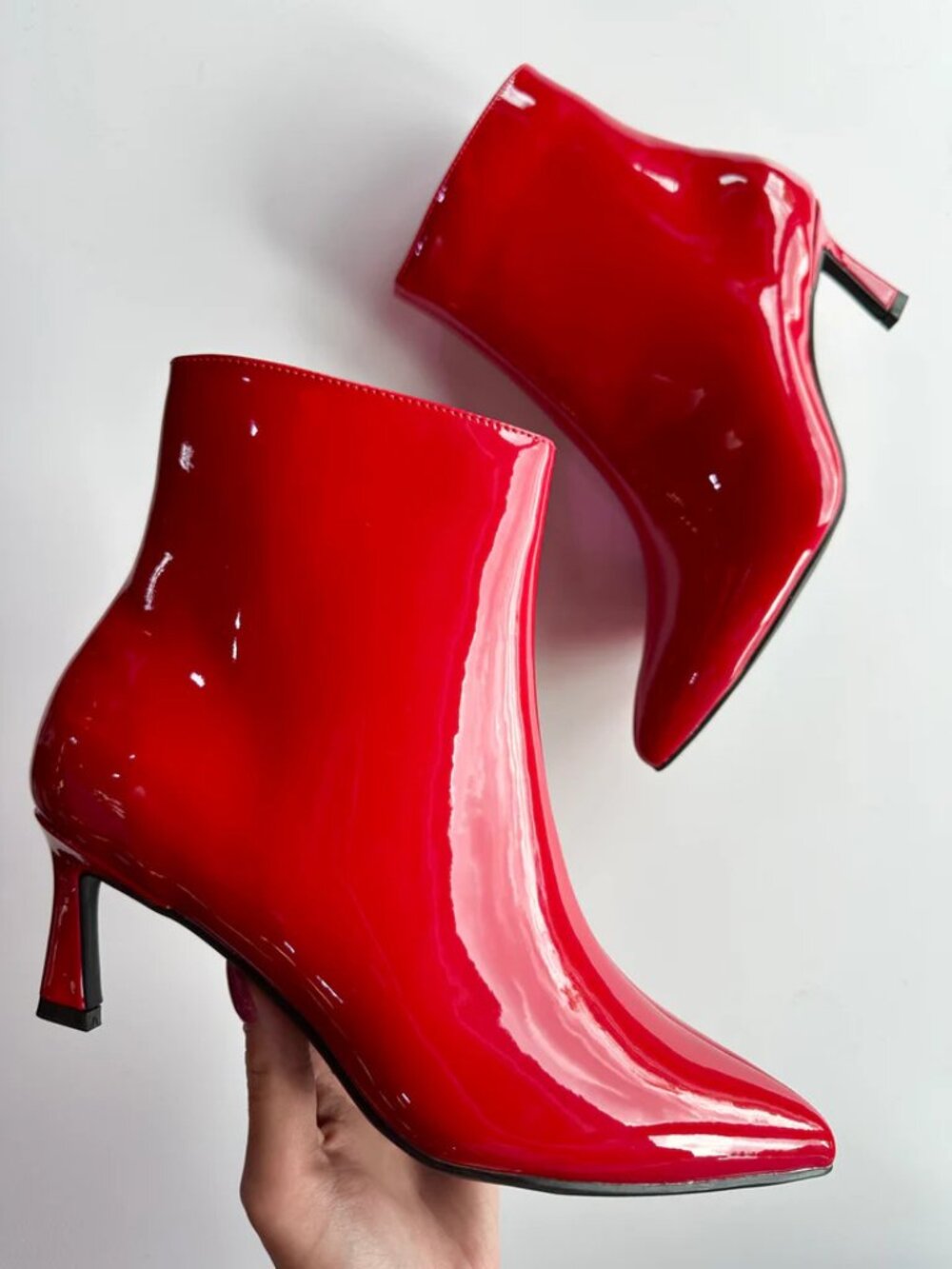 New True Red Pointed Toe Kitten Low Heel Ankle Boots Booties Faux Patent Leather - Picture 2 of 5